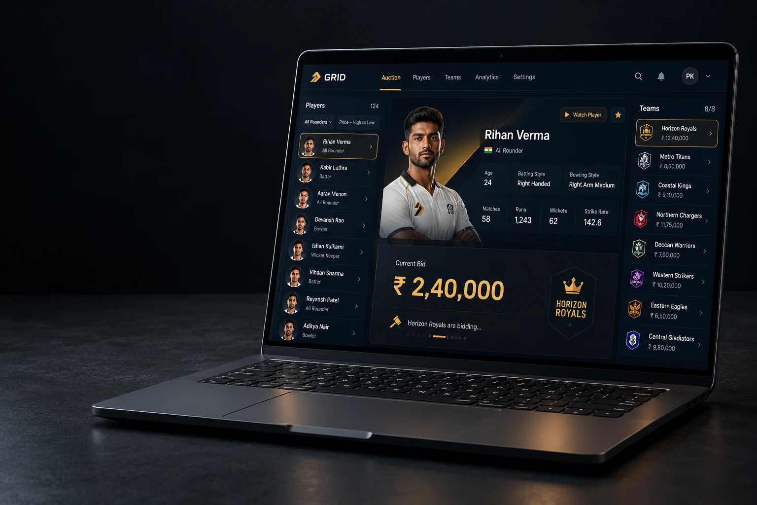 Sports auction software on a laptop