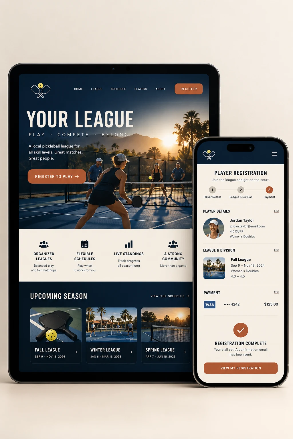 Custom league website and player registration platform