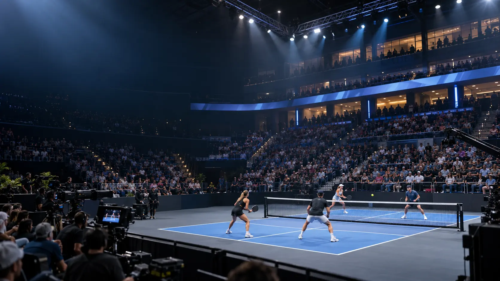 A floodlit indoor pickleball arena with a broadcast camera overlooking the court