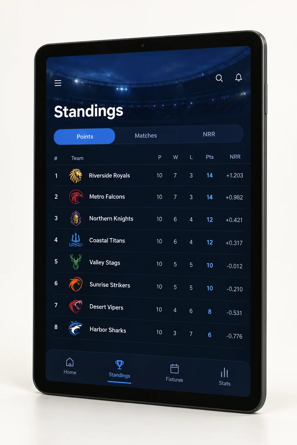 League standings on a tablet